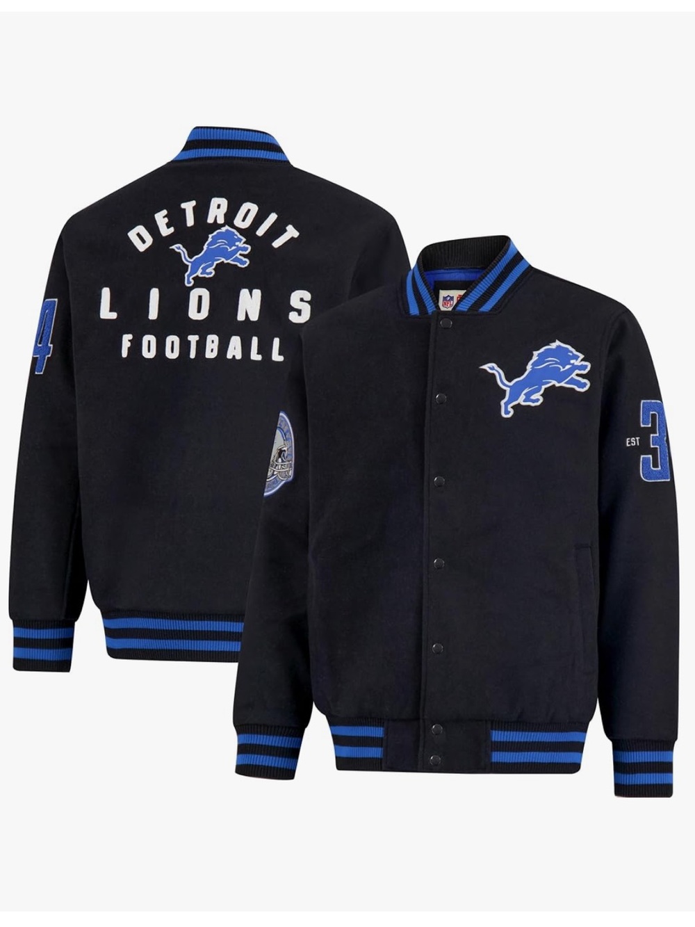 NEW Official Detroit Lions Black & Blue Varsity Jacket